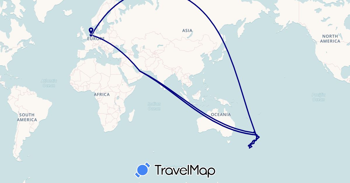TravelMap itinerary: driving in United Arab Emirates, Netherlands, New Zealand (Asia, Europe, Oceania)